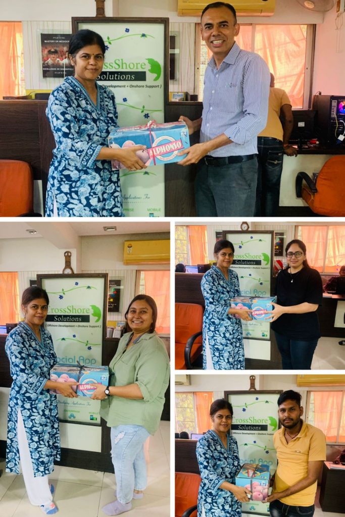 Founder of CrossShore Infotech personally gifting mango boxes to team members as part of the mango season celebration tradition.