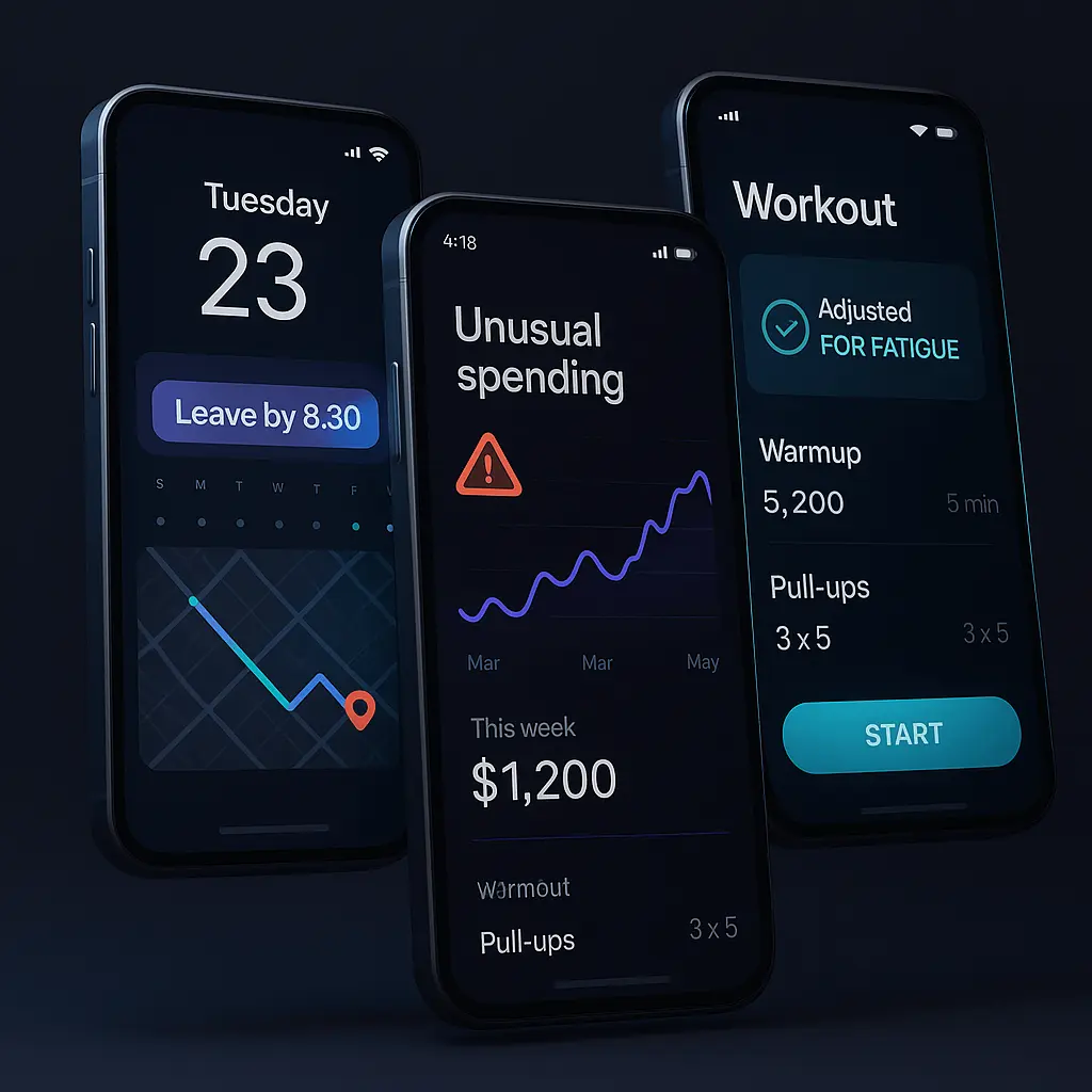 Modern smartphone interfaces showcasing context-aware mobile apps with smart features like real-time navigation alerts, financial behavior analysis, and personalized workout tracking.