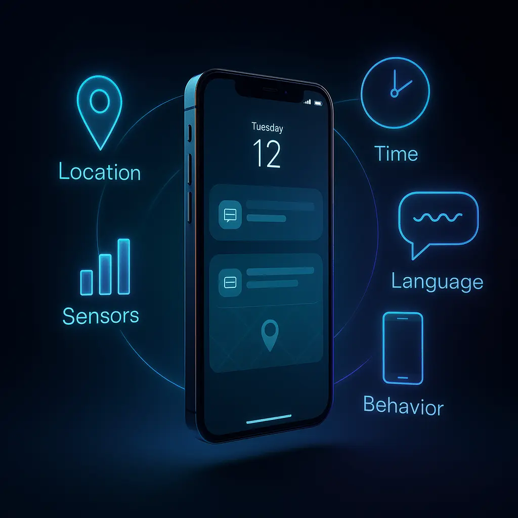 Smartphone interface visualizing key elements of context-aware mobile apps including location tracking, sensor data, time-based triggers, user behavior analysis, and natural language processing.