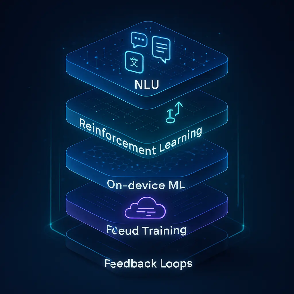 Layered stack diagram showing machine learning technologies powering context-aware mobile apps, including natural language understanding (NLU), reinforcement learning, on-device ML, and continuous feedback loops