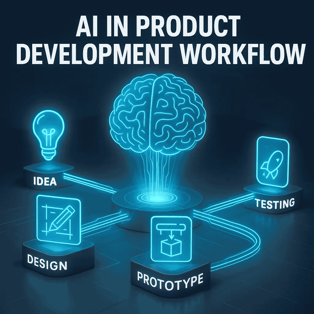 Workflow diagram highlighting the role of AI in product development, from idea generation to final delivery.