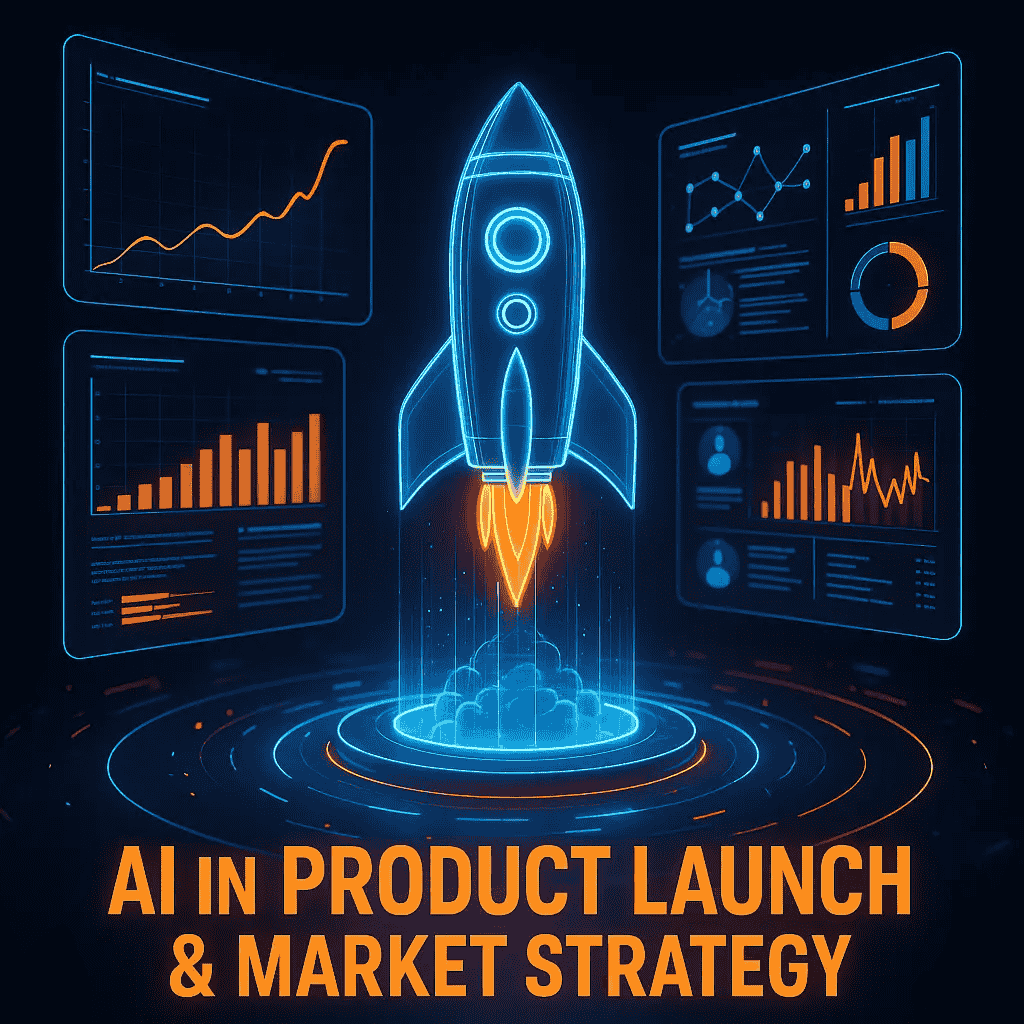 Rocket launch symbolizing how AI in product development supports market strategy and successful product launches.