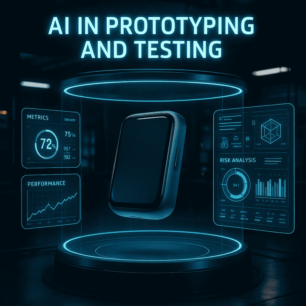 Realistic scene of engineers using AI in product development for rapid prototyping and advanced product testing.