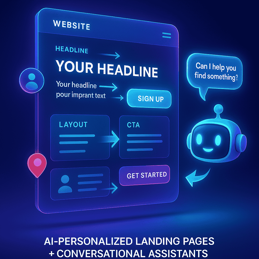 Futuristic AI landing page built using AI-Powered eCommerce Solutions highlighting adaptive layouts and personalized content delivery.