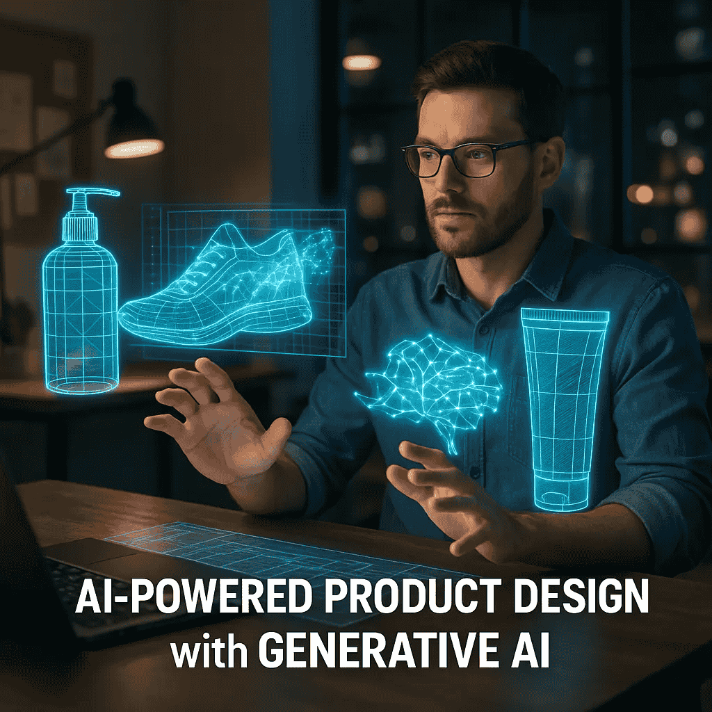 3D holographic design concept showcasing the impact of AI in product development for smarter, creative product designs.