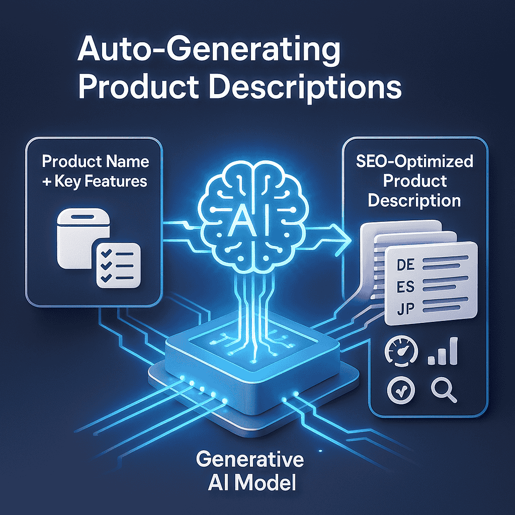 AI-Powered eCommerce Solutions auto-generating multilingual and SEO-optimized product descriptions for online stores.