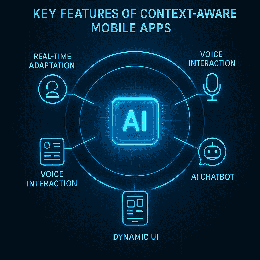 Key features of generative AI mobile apps including real-time adaptation, AI chatbots, dynamic UI, and voice interaction for enhanced user experience