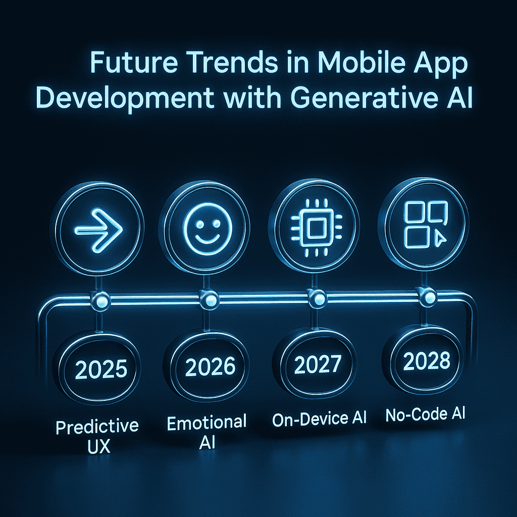 Future trends of generative AI mobile apps from 2025 to 2028 highlighting predictive UX, emotional AI, on-device AI, and no-code AI