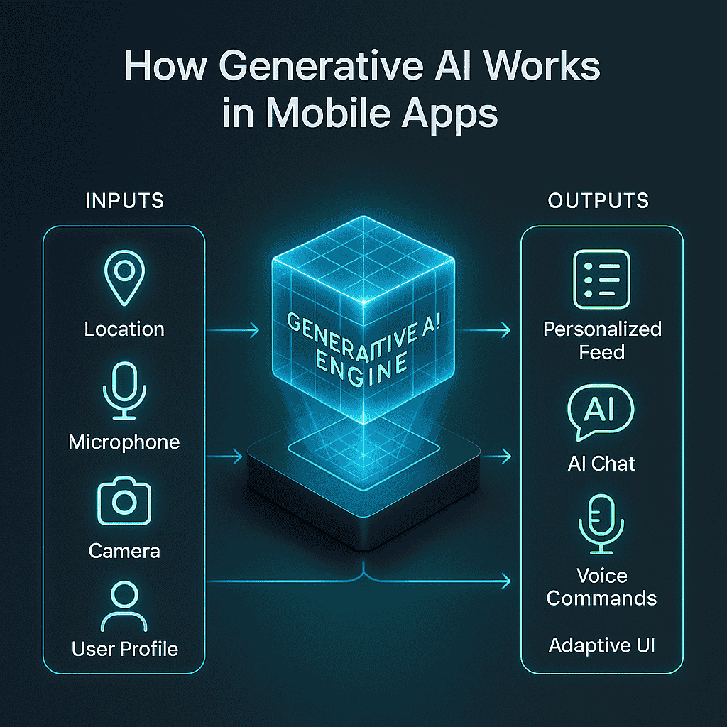 Infographic showing how generative AI mobile apps use inputs like location, microphone, and user profile to deliver personalized feeds, AI chat, voice commands, and adaptive UI